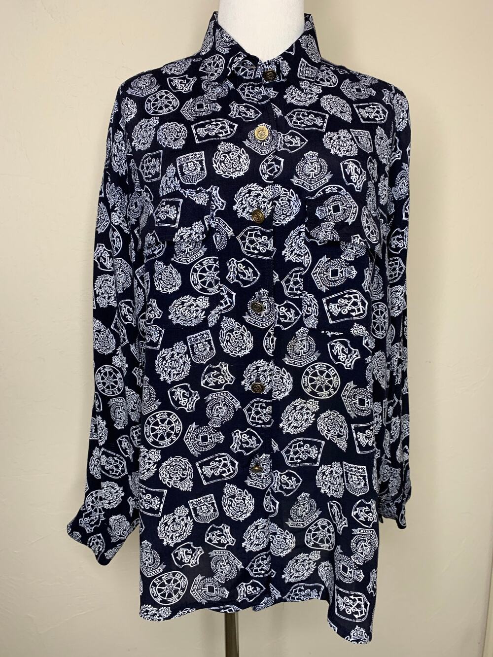 CHAUS Blue White Nautical Print Long Sleeve Shirt Sz Large Coastal Preppy